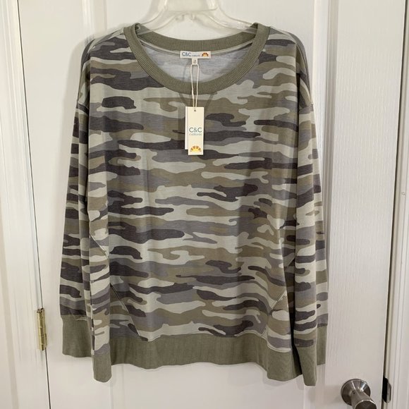 C&C California Alexa Camo Sweatshirt Crew Neck Top Green Gray Tan Size 1X NEW - Picture 3 of 6